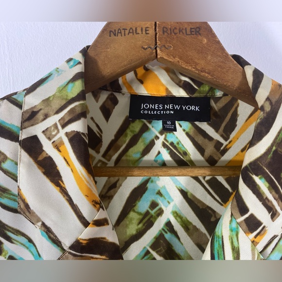 Silk Summer Tie Front Blouse Cap Sleeve Abstract Print Aqua Orange Brown… - Picture 3 of 8